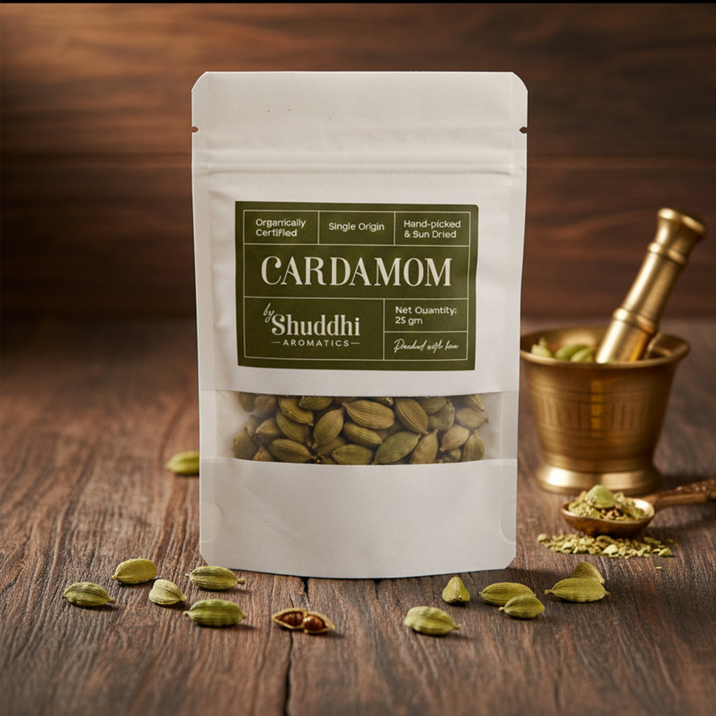 Bag of cardamom by Shuddhi Aromatics on a wooden surface with cardamom pods around.